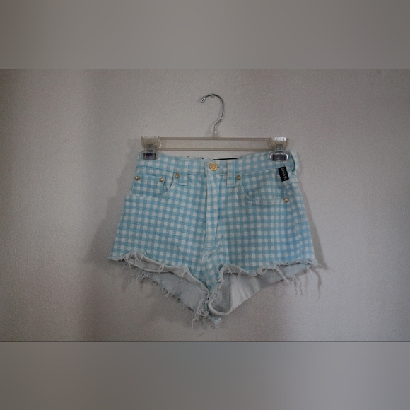 💙 Vintage Versace '90s Plaid High Waist Prairie Shorts - Picture 5 of 16